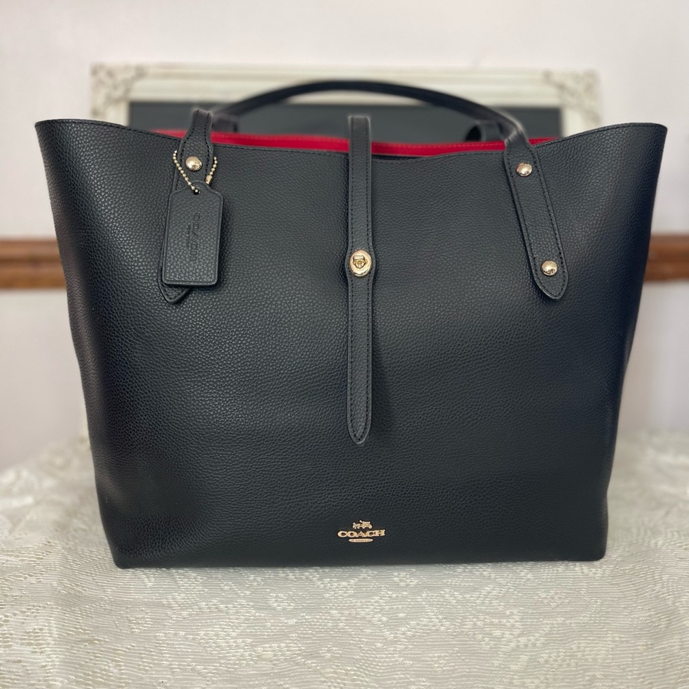 Coach Marketplace Pebbled Black Leather Tote with Red Lining